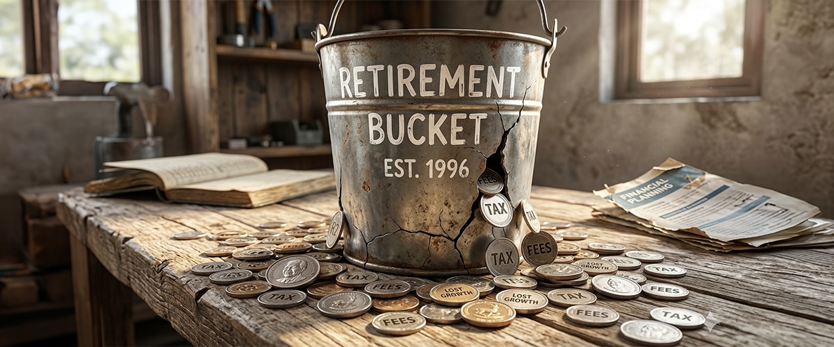 Cracked retirement bucket slowly leaking coins labeled tax, fees, and lost growth.