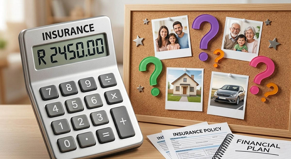 Simple illustration of calculator showing insurance amount while family icons and question marks float around