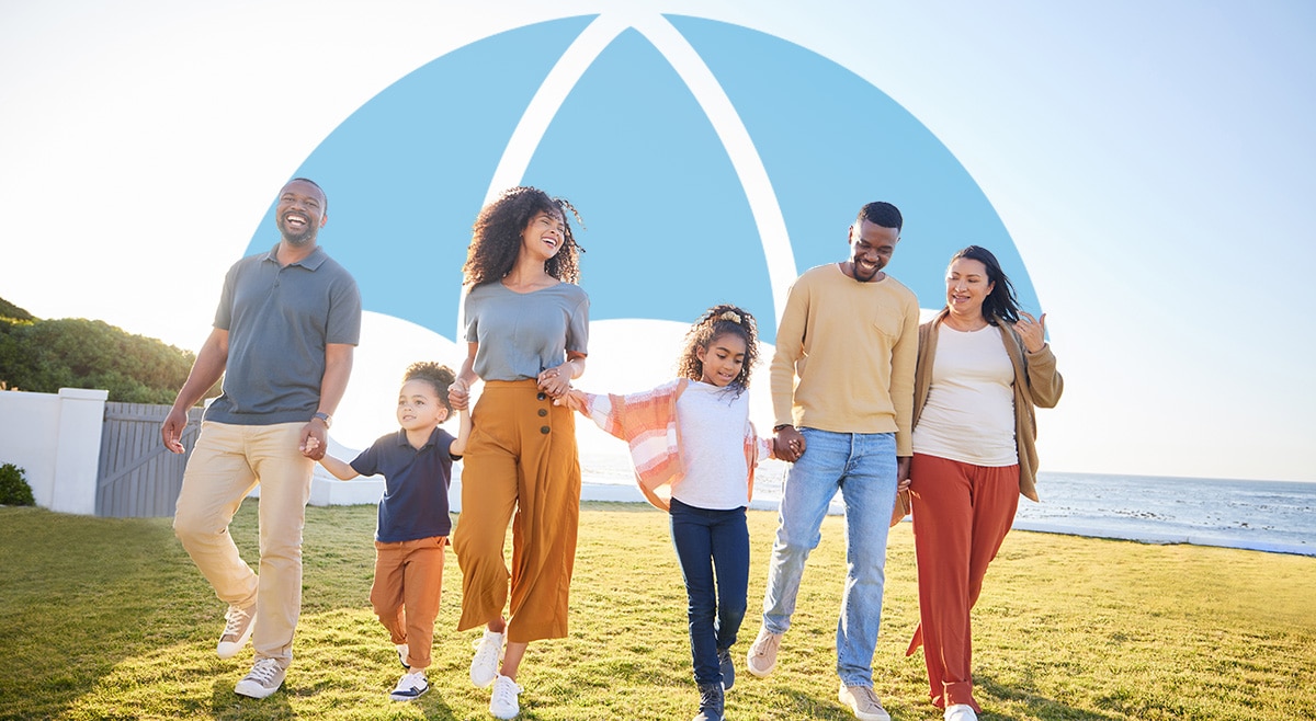 Family holding hands under umbrella icon, symbolizing life cover protection, stability, and future financial peace
