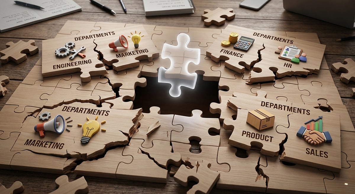 Broken puzzle missing piece representing key person, surrounding pieces showing departments struggling to stay connected