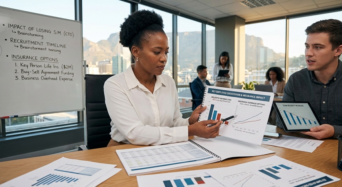 Office scene professional reviewing charts, assessing impact of losing key employee and insurance coverage options