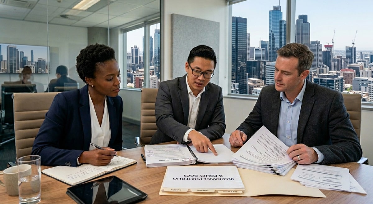 Business partners reviewing agreement with insurance documents, symbolizing continuity, protection, and smooth ownership transition planning