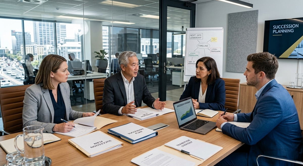 Business owners discussing succession plan with legal advisor around conference table, professional office environment.