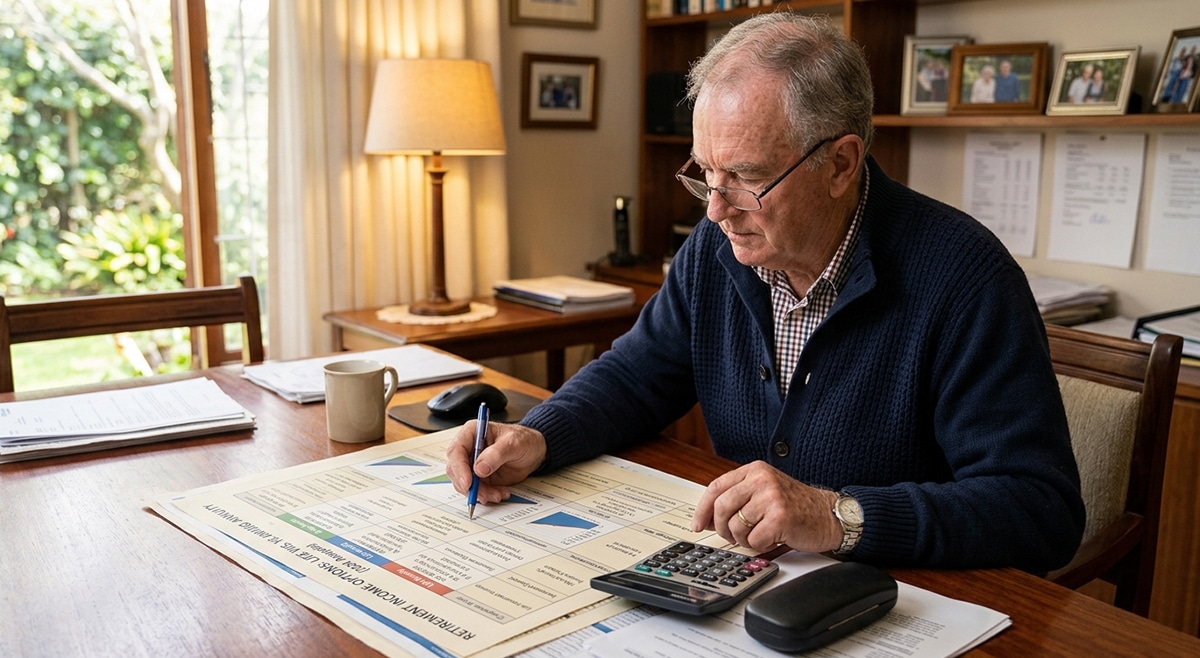 Senior retiree comparing life annuity and living annuity options on a financial planning chart.