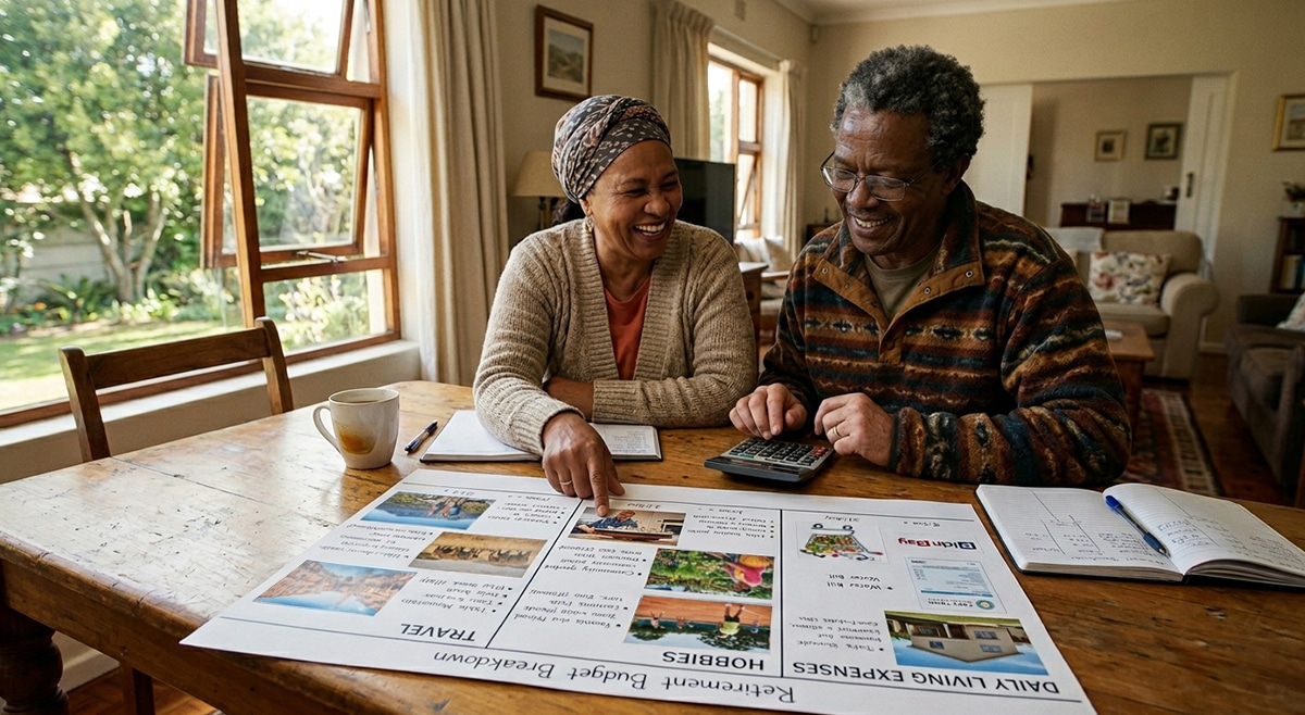 Couple comparing retirement budgets with images of travel, hobbies, and daily living expenses.