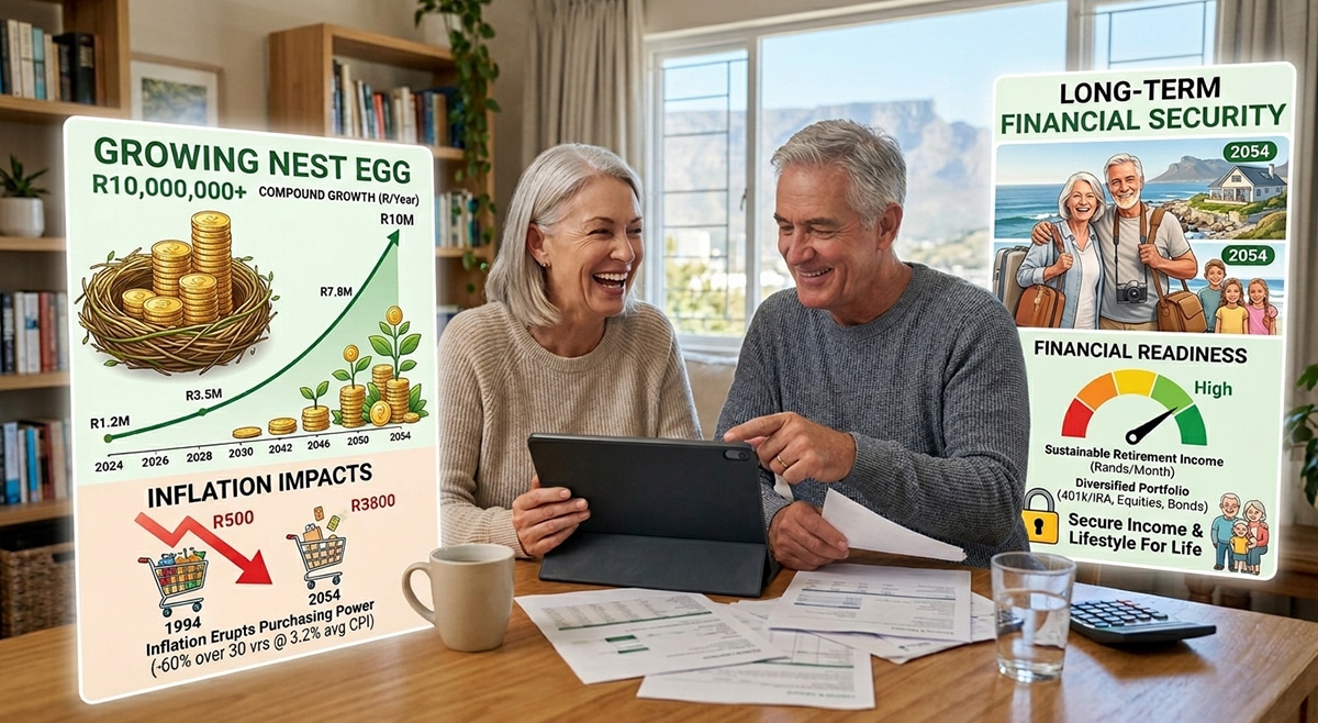 Retirement savings concept showing growing nest egg, inflation impacts, and long-term financial security.