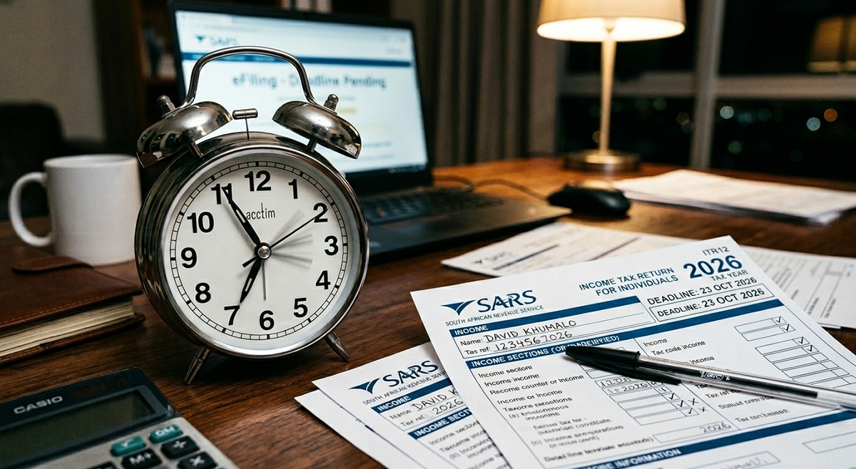 Clock ticking beside SARS tax forms, illustrating urgency, compliance, and avoiding costly delays.