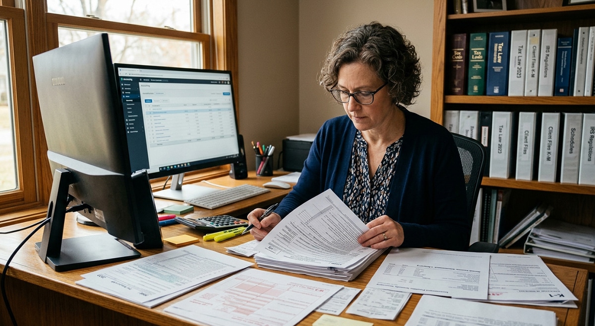 Professional taxpayer reviewing income sources, rental earnings, investments and tax documents at desk.