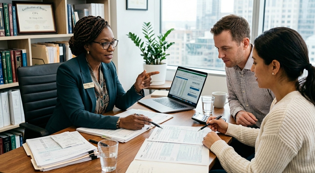Professional tax advisor guiding client through paperwork during a financial consultation meeting.