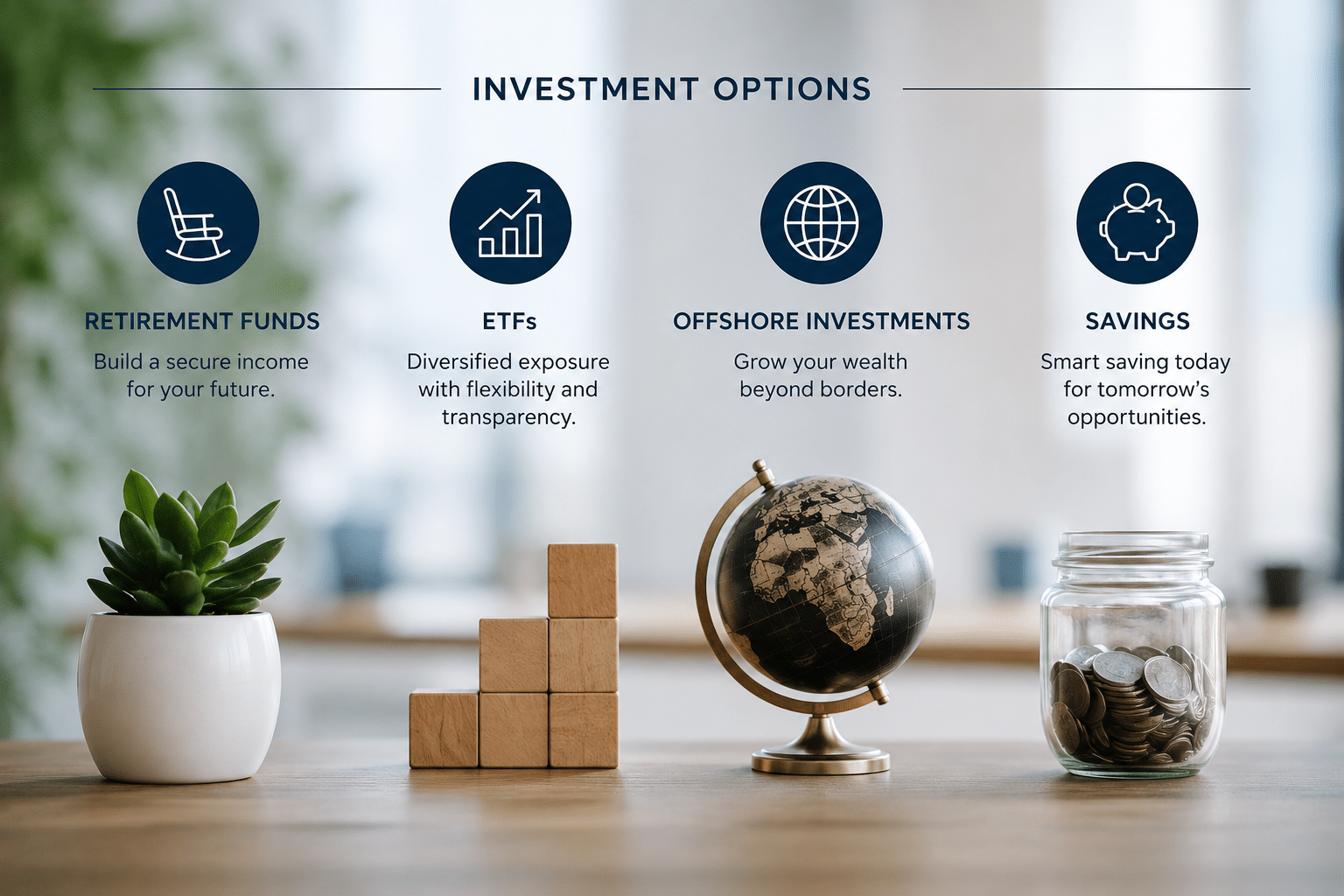 Diverse investment icons including retirement funds, ETFs, offshore investments, and savings