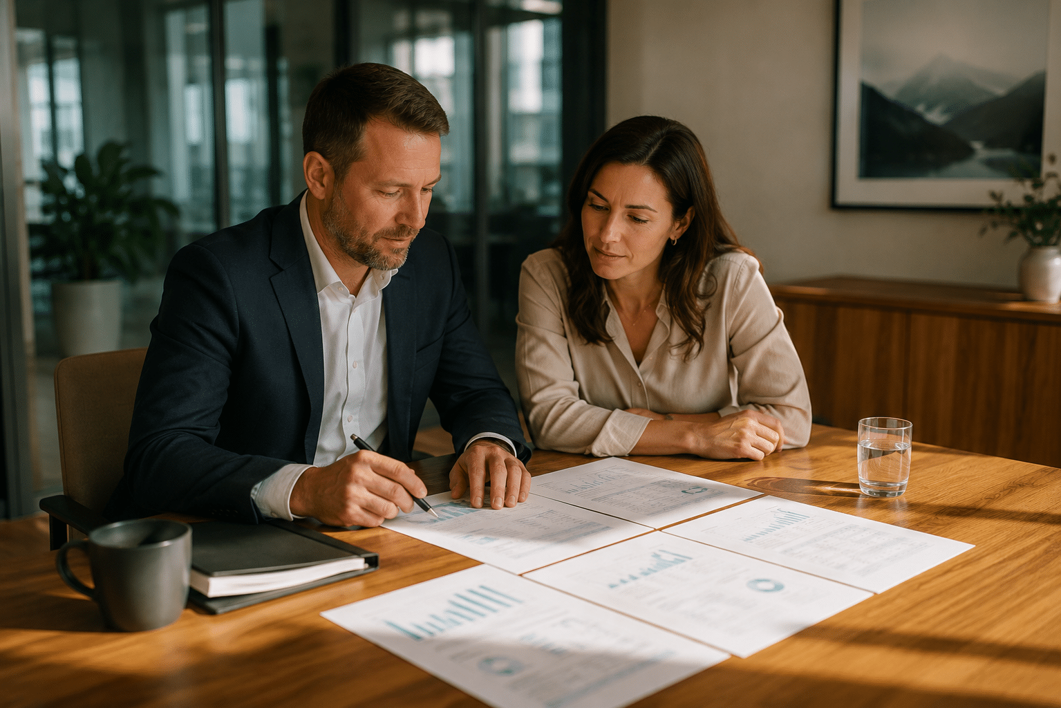 Financial adviser discussing investment planning with a client in a modern office