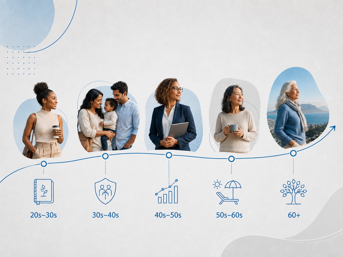 Financial planning journey showing women's goals from early career to retirement.