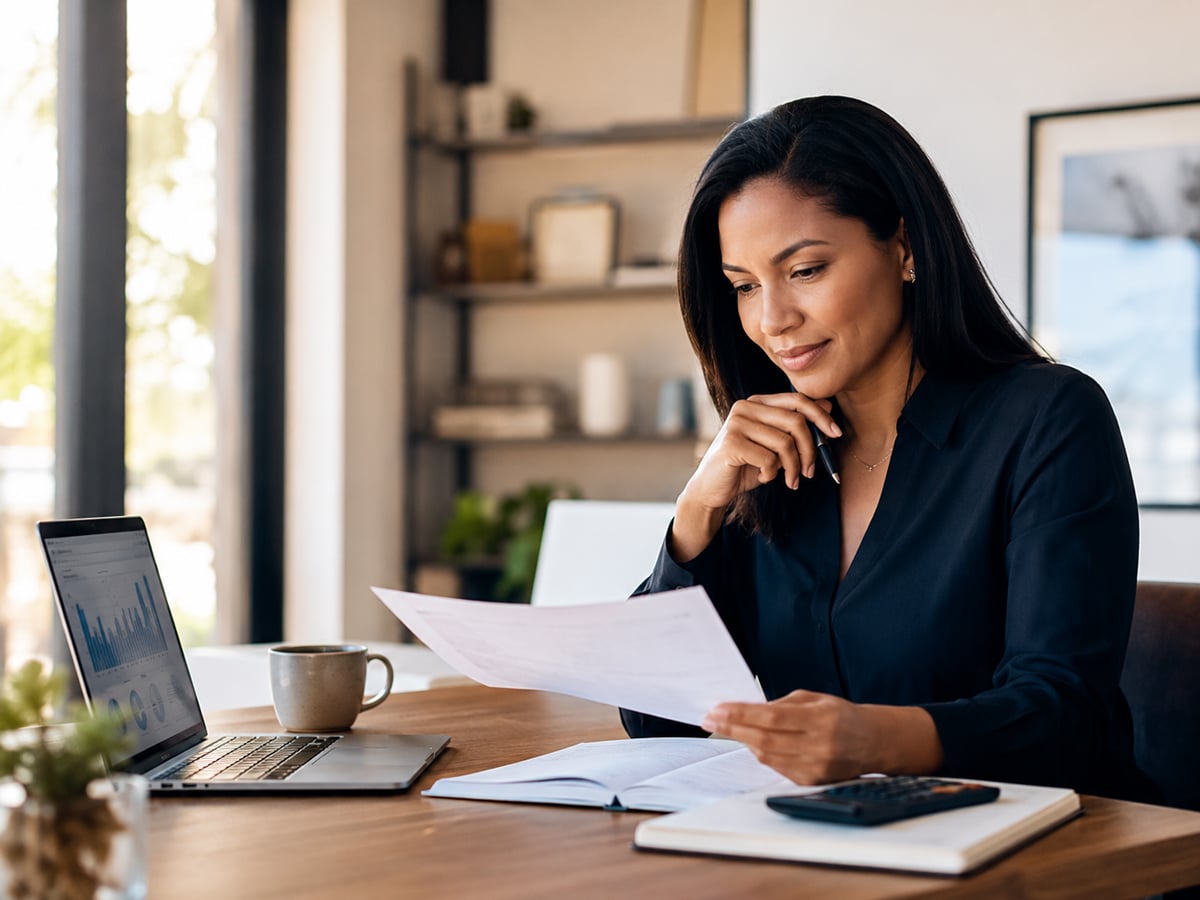 Woman reviewing financial planning documents and retirement strategy at her desk.