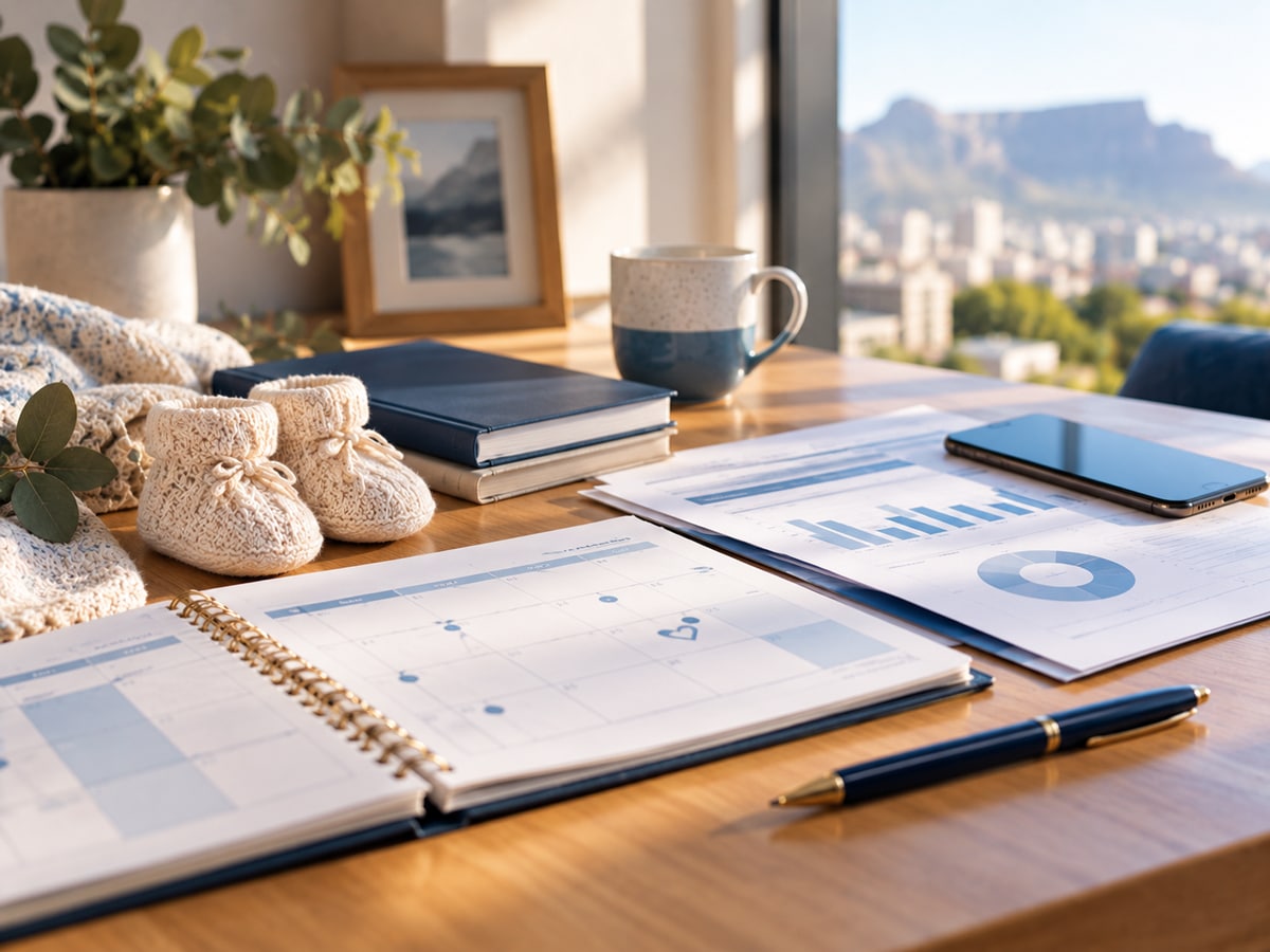 Baby booties, planner and healthcare documents arranged for maternity planning