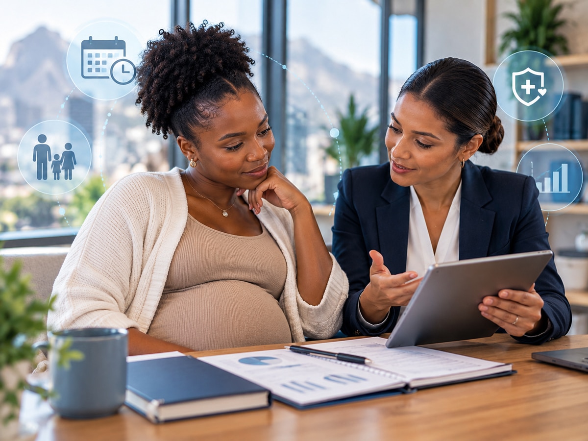 Pregnant South African woman discussing maternity cover with a financial adviser
