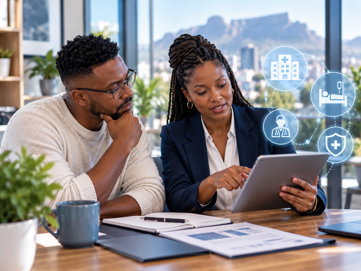 South African healthcare adviser explaining hospital plan benefits to a client