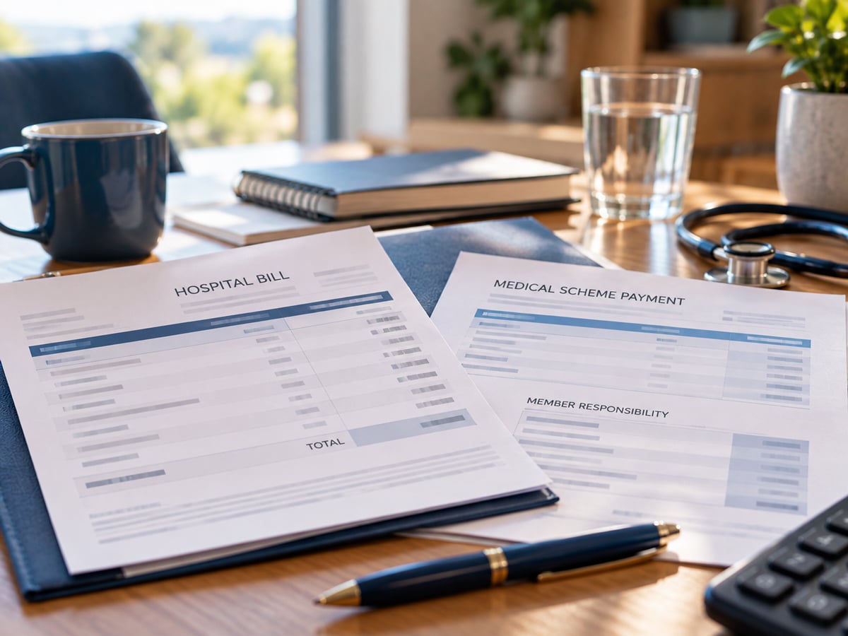 Hospital bill and medical scheme payment documents showing a potential shortfall